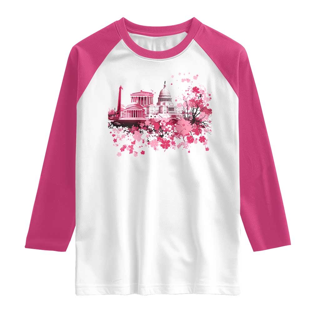 Washington DC Cherry Blossoms Raglan Shirt Capitol Building Monuments Memorials Sakura TS11 White Heliconia Print Your Wear