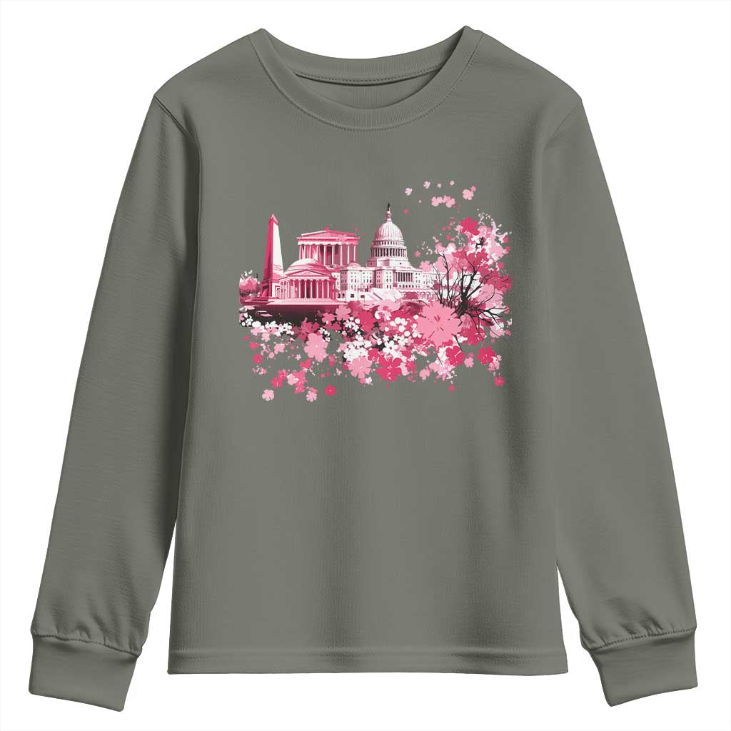 Washington DC Cherry Blossoms Youth Sweatshirt Capitol Building Monuments Memorials Sakura TS11 Military Green Print Your Wear