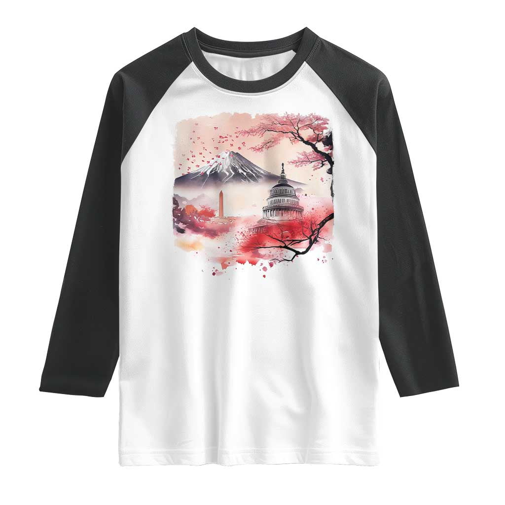 Washington DC Cherry Blossoms Monuments Memorials Raglan Shirt Japanese Art Style Mount Fuji Sakura TS11 White Black Print Your Wear