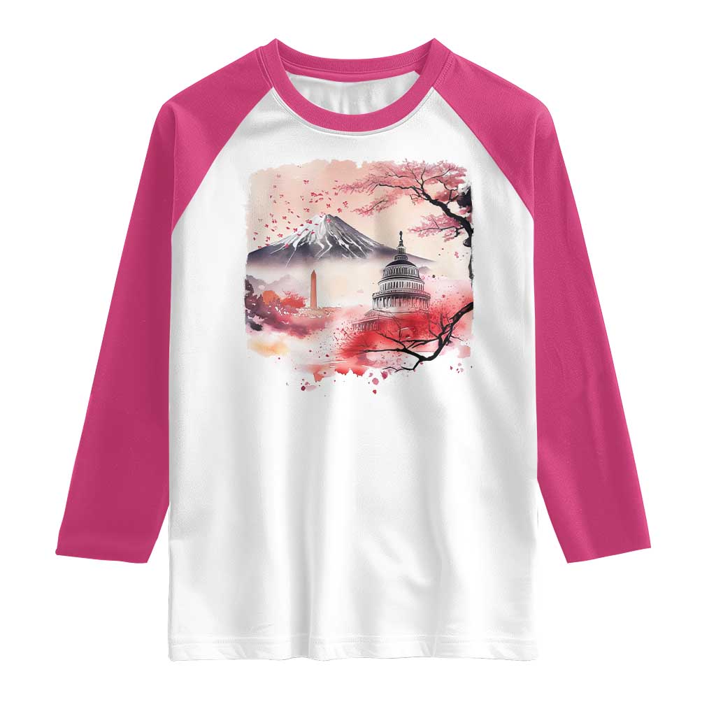 Washington DC Cherry Blossoms Monuments Memorials Raglan Shirt Japanese Art Style Mount Fuji Sakura TS11 White Heliconia Print Your Wear