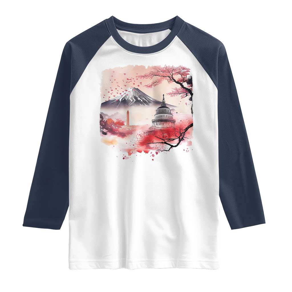 Washington DC Cherry Blossoms Monuments Memorials Raglan Shirt Japanese Art Style Mount Fuji Sakura TS11 White Navy Print Your Wear