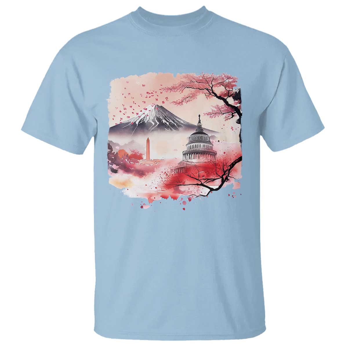 Washington DC Cherry Blossoms Monuments Memorials T Shirt Japanese Art Style Mount Fuji Sakura TS11 Light Blue Print Your Wear