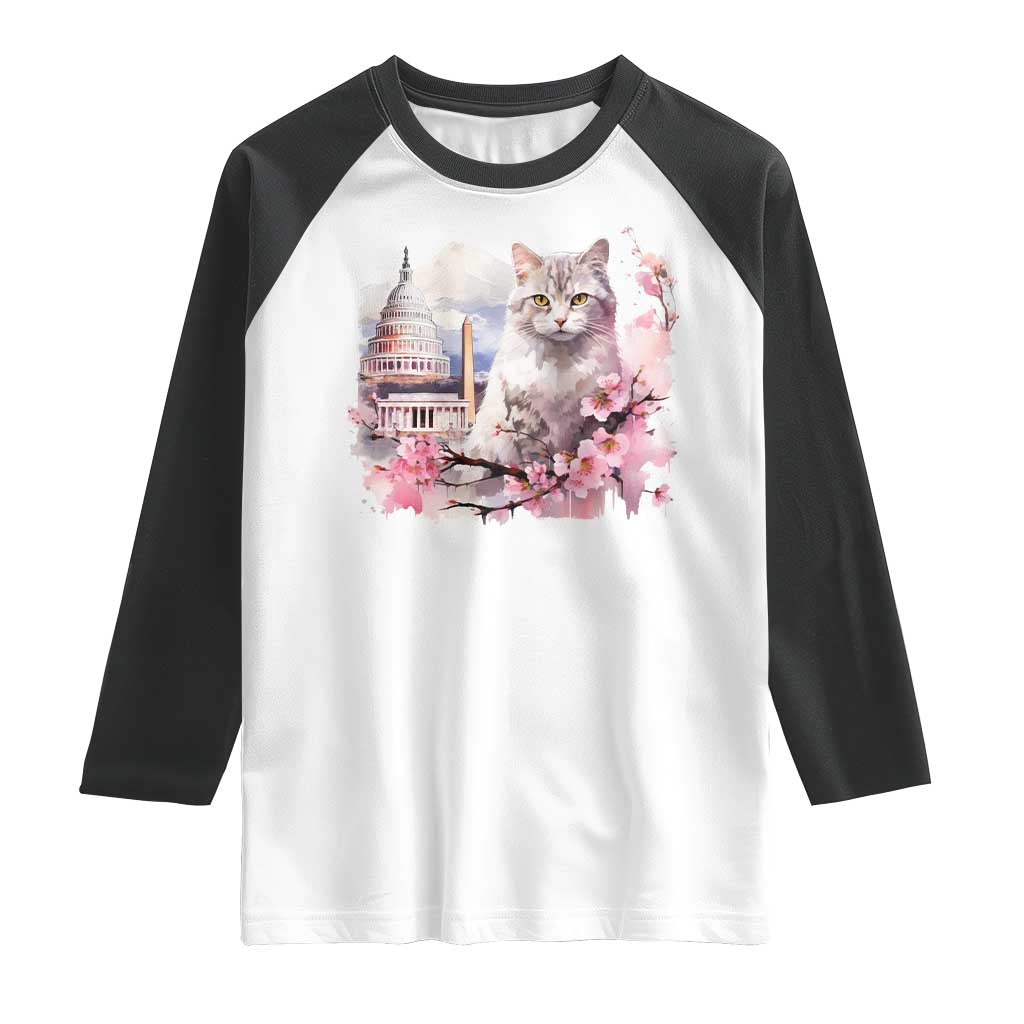 Washington DC Cat Cherry Blossoms Raglan Shirt Capitol Building Monuments Memorials Sakura TS11 White Black Print Your Wear