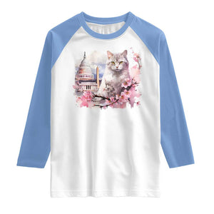 Washington DC Cat Cherry Blossoms Raglan Shirt Capitol Building Monuments Memorials Sakura TS11 White Carolina Blue Print Your Wear