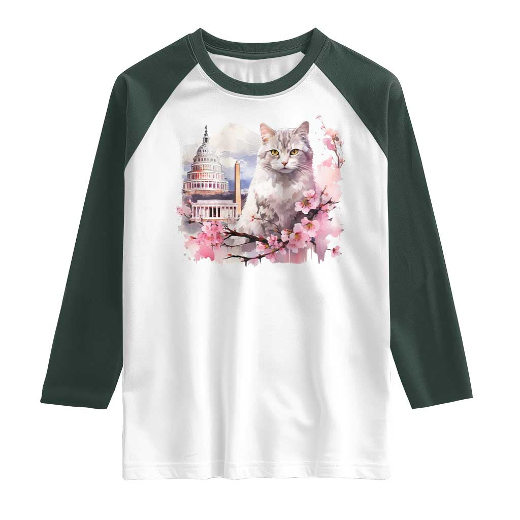 Washington DC Cat Cherry Blossoms Raglan Shirt Capitol Building Monuments Memorials Sakura TS11 White Dark Forest Green Print Your Wear