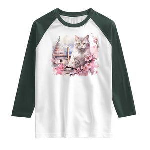 Washington DC Cat Cherry Blossoms Raglan Shirt Capitol Building Monuments Memorials Sakura TS11 White Dark Forest Green Print Your Wear