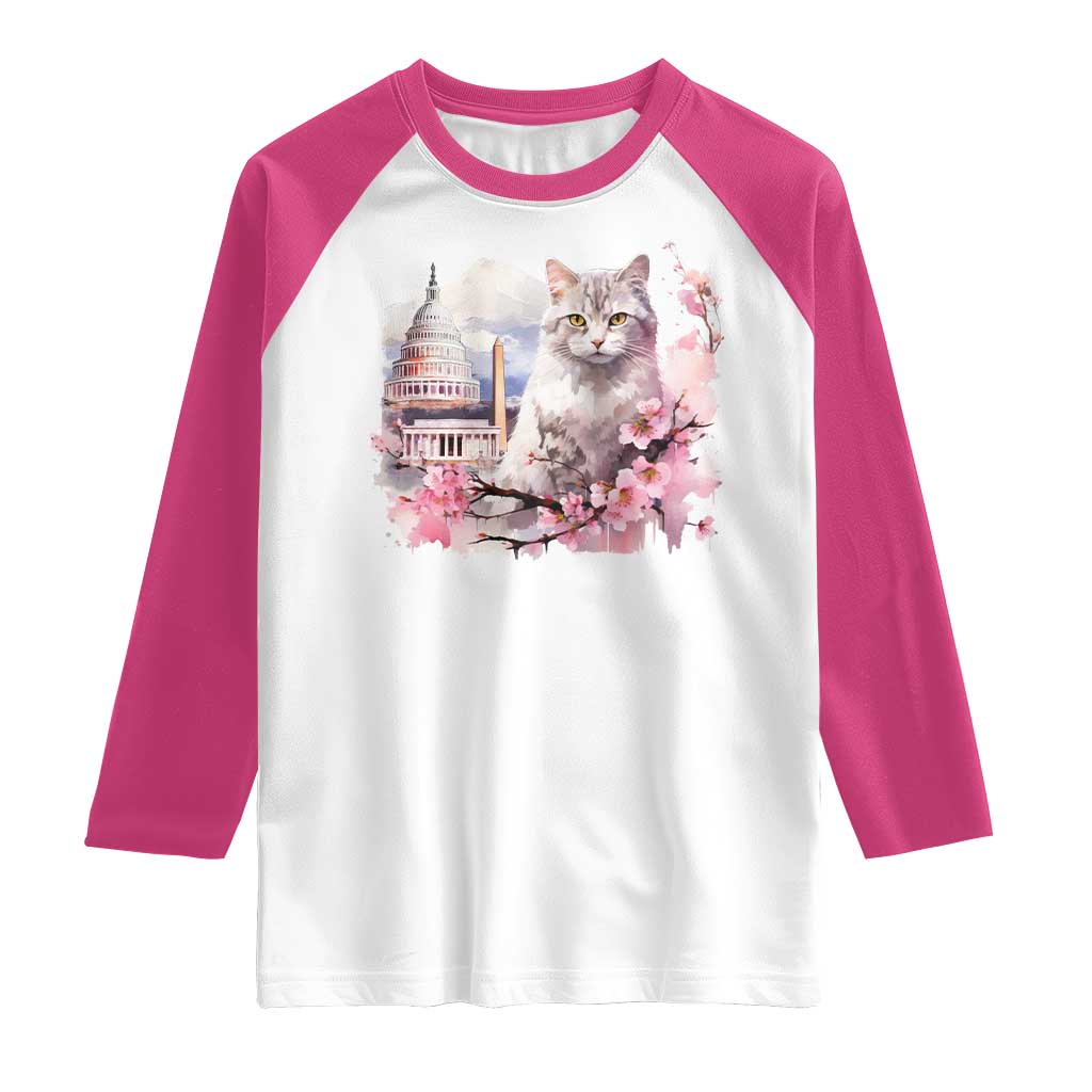 Washington DC Cat Cherry Blossoms Raglan Shirt Capitol Building Monuments Memorials Sakura TS11 White Heliconia Print Your Wear