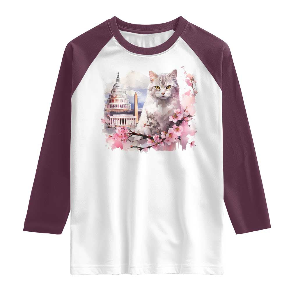 Washington DC Cat Cherry Blossoms Raglan Shirt Capitol Building Monuments Memorials Sakura TS11 White Maroon Print Your Wear