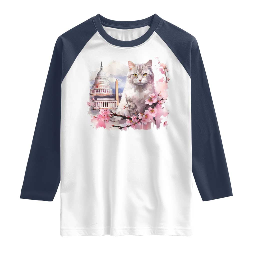 Washington DC Cat Cherry Blossoms Raglan Shirt Capitol Building Monuments Memorials Sakura TS11 White Navy Print Your Wear