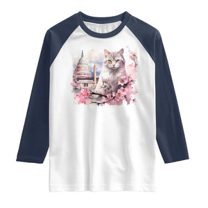 Washington DC Cat Cherry Blossoms Raglan Shirt Capitol Building Monuments Memorials Sakura TS11 White Navy Print Your Wear