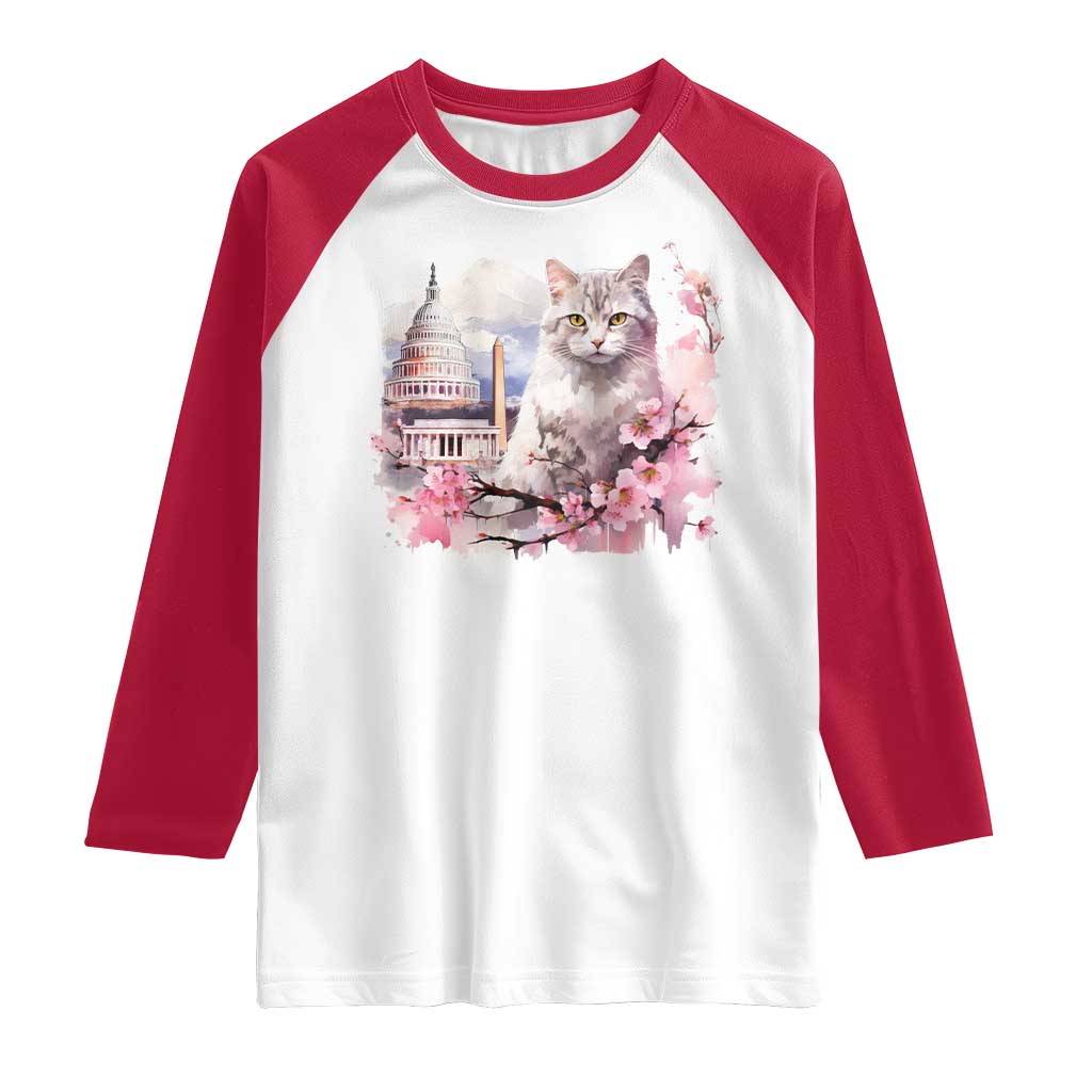 Washington DC Cat Cherry Blossoms Raglan Shirt Capitol Building Monuments Memorials Sakura TS11 White Red Print Your Wear
