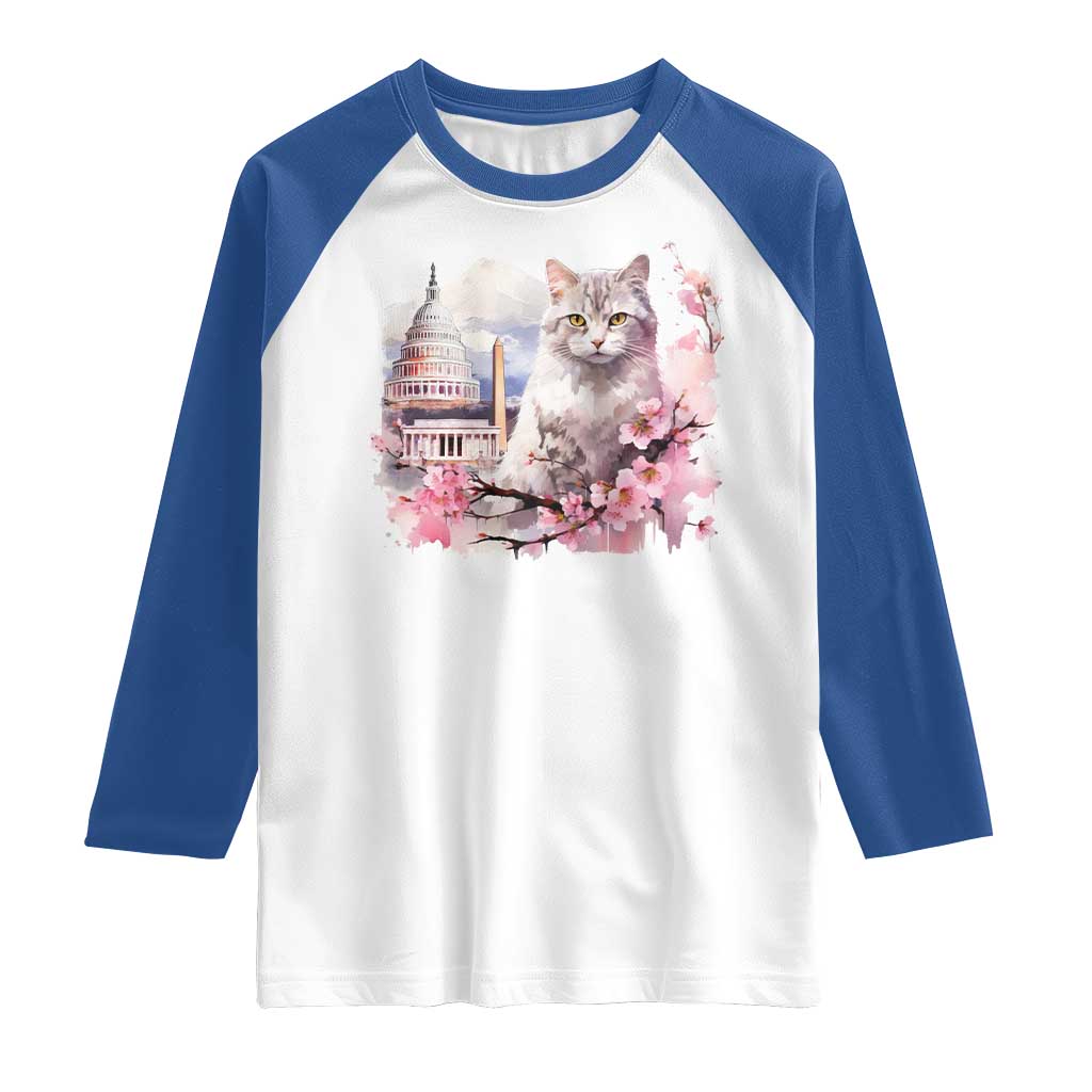 Washington DC Cat Cherry Blossoms Raglan Shirt Capitol Building Monuments Memorials Sakura TS11 White Royal Print Your Wear
