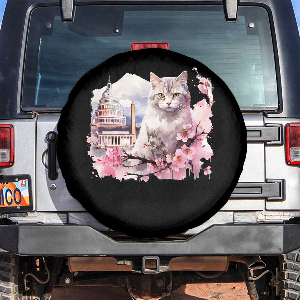 Washington DC Cat Cherry Blossoms Spare Tire Cover Capitol Building Monuments Memorials Sakura TS11 No hole Black Print Your Wear