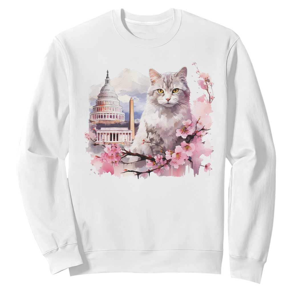 Washington DC Cat Cherry Blossoms Sweatshirt Capitol Building Monuments Memorials Sakura TS11 White Print Your Wear