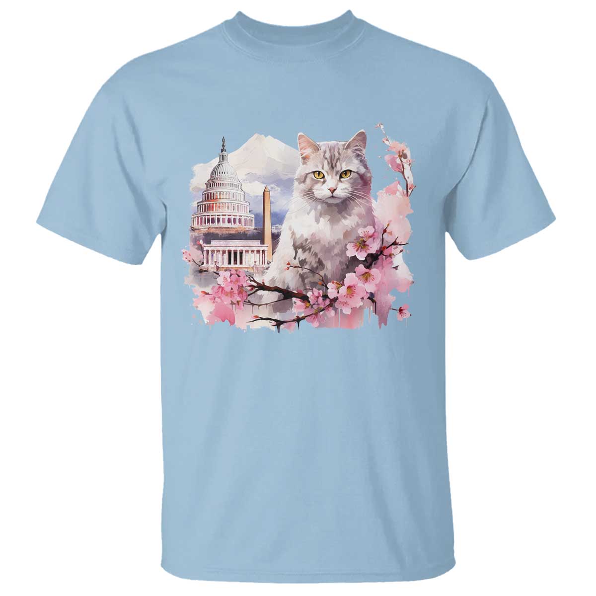 Washington DC Cat Cherry Blossoms T Shirt Capitol Building Monuments Memorials Sakura TS11 Light Blue Print Your Wear