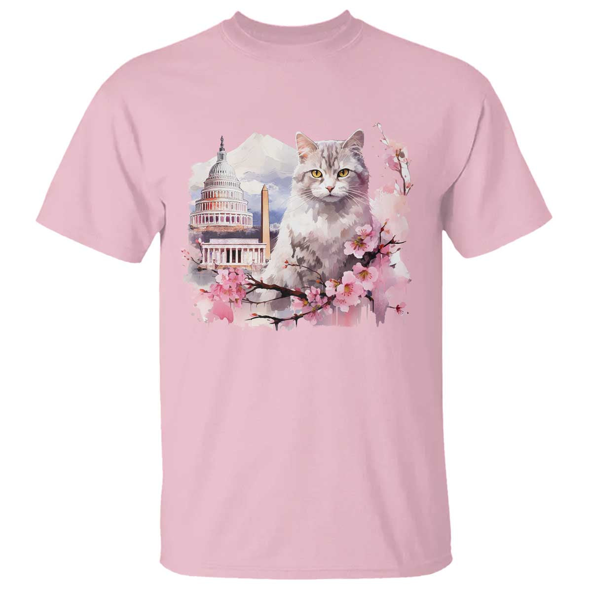 Washington DC Cat Cherry Blossoms T Shirt Capitol Building Monuments Memorials Sakura TS11 Light Pink Print Your Wear