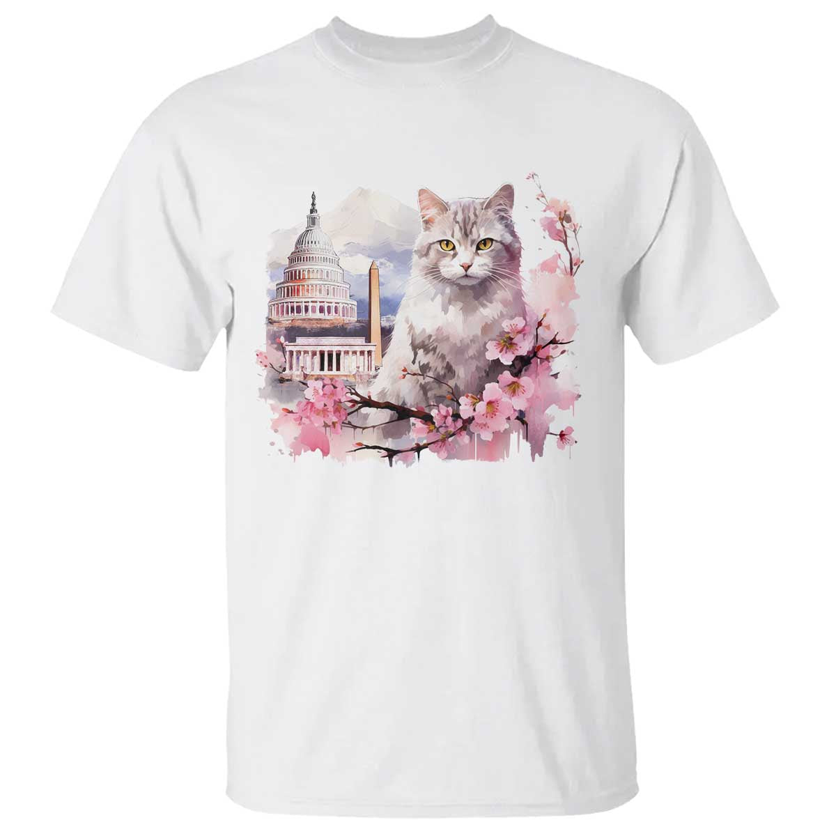 Washington DC Cat Cherry Blossoms T Shirt Capitol Building Monuments Memorials Sakura TS11 White Print Your Wear