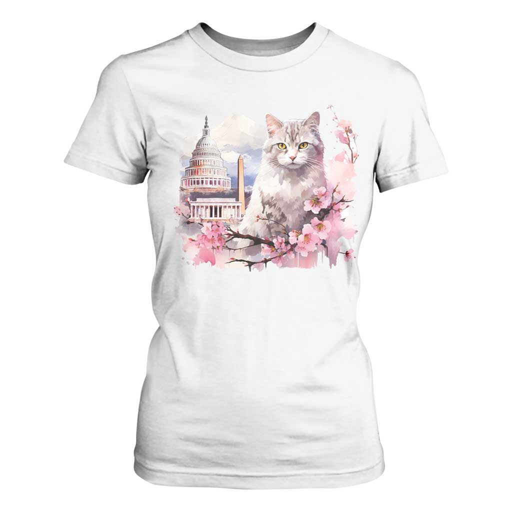 Washington DC Cat Cherry Blossoms T Shirt For Women Capitol Building Monuments Memorials Sakura TS11 White Print Your Wear