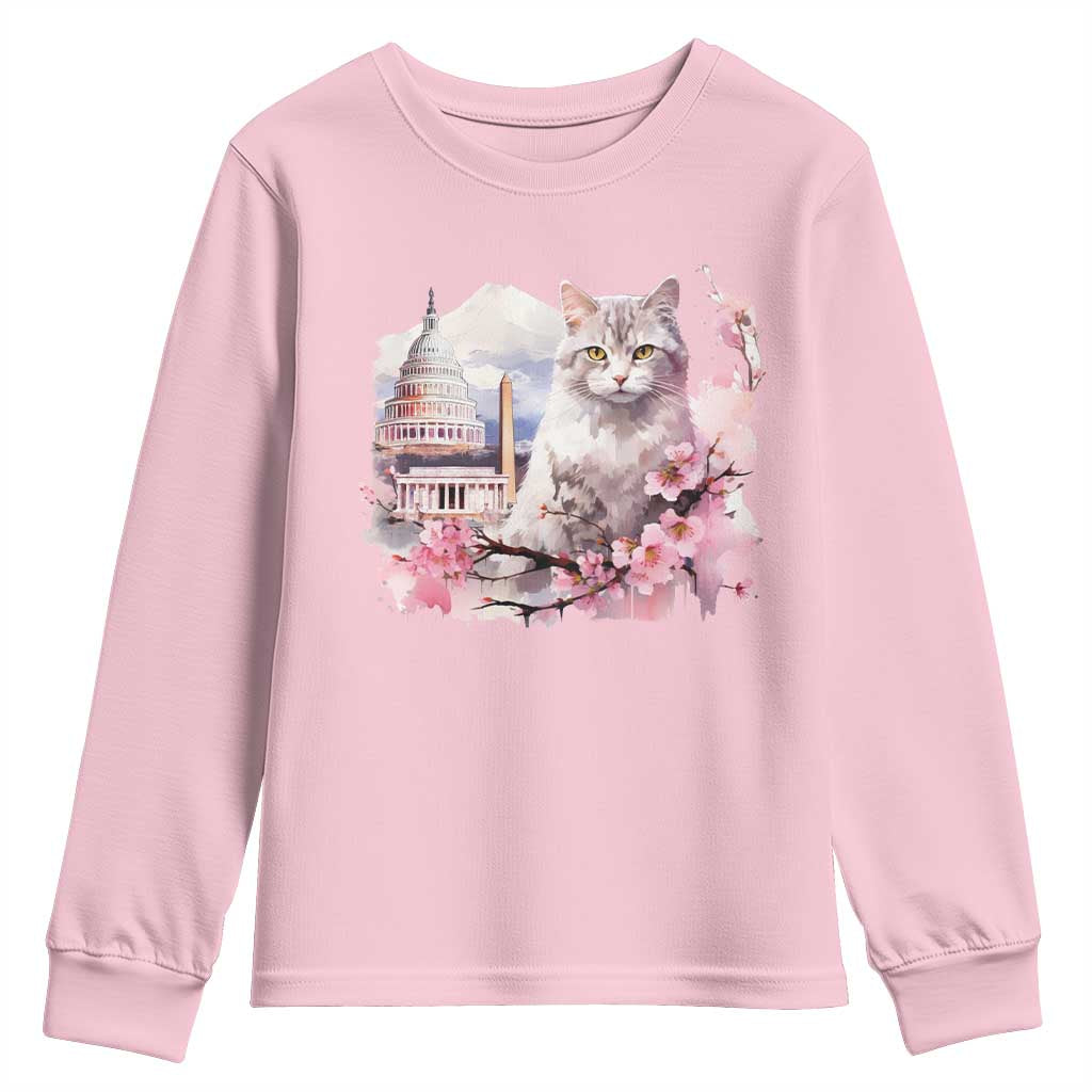 Washington DC Cat Cherry Blossoms Youth Sweatshirt Capitol Building Monuments Memorials Sakura TS11 Light Pink Print Your Wear