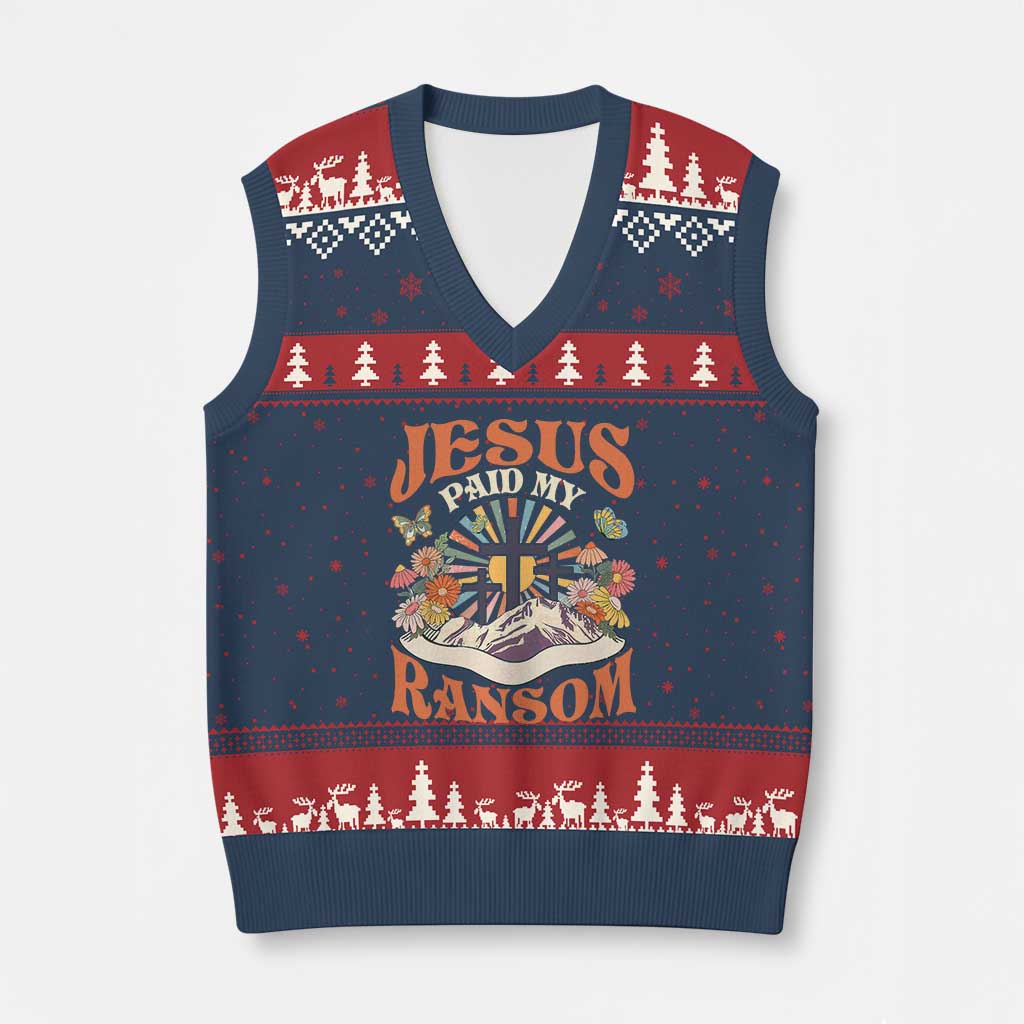 Jesus Paid My Ransom V-Neck Knit Sweater Vest Jesus Christian Faith Good Friday Bible Verse TS11 Navy Red Print Your Wear