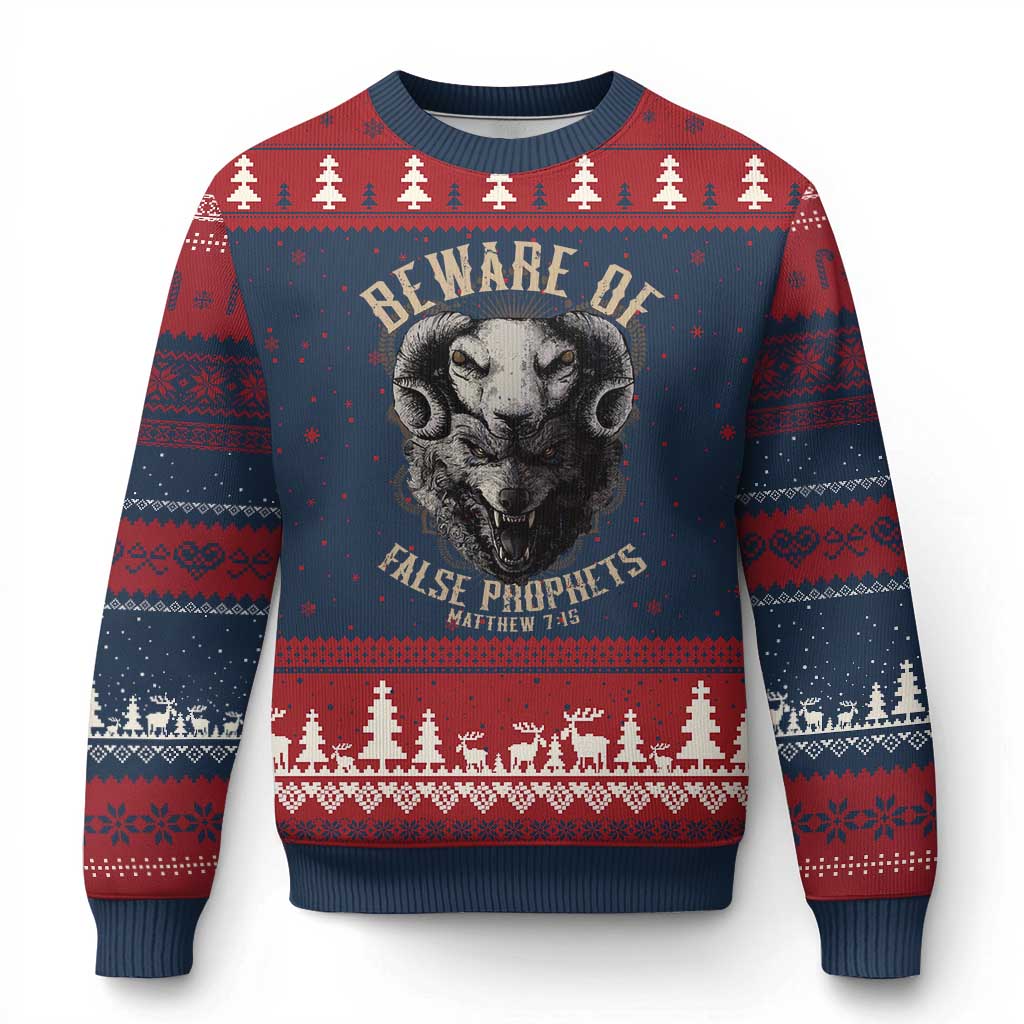Beware Of False Prophets Ugly Christmas Sweater Christian Sheep Wolf - Print Your Wear