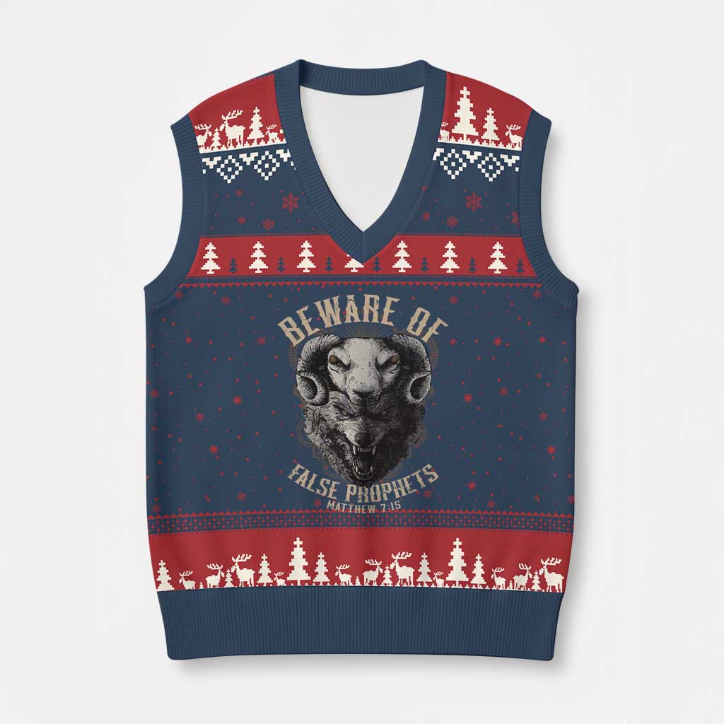 Beware Of False Prophets V-Neck Knit Sweater Vest Christian Sheep Wolf TS11 Navy Red Print Your Wear