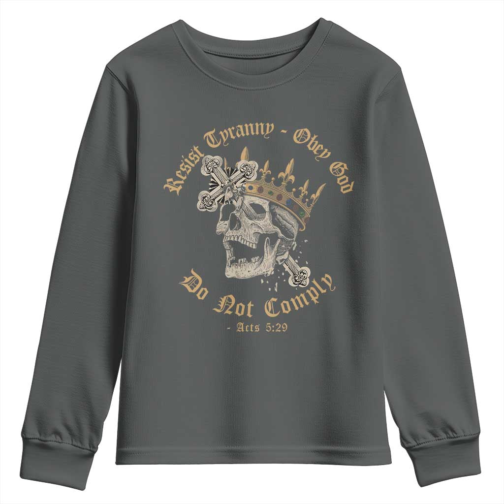 Eastern Orthodox Christian Youth Sweatshirt Resist Tyranny Obey God Do Not Comply Skull TS11 Dark Heather Print Your Wear