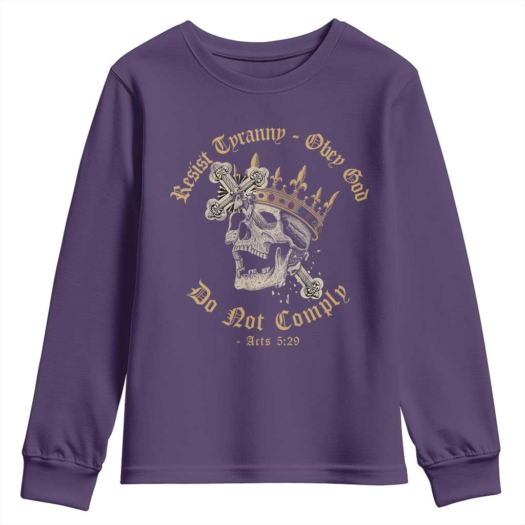 Eastern Orthodox Christian Youth Sweatshirt Resist Tyranny Obey God Do Not Comply Skull TS11 Purple Print Your Wear