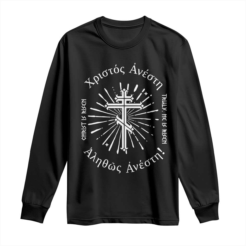 Orthodox Easter Christian Long Sleeve Shirt Christ Is Risen Truly He Is Risen Orthodox Cross TS11 Black Print Your Wear
