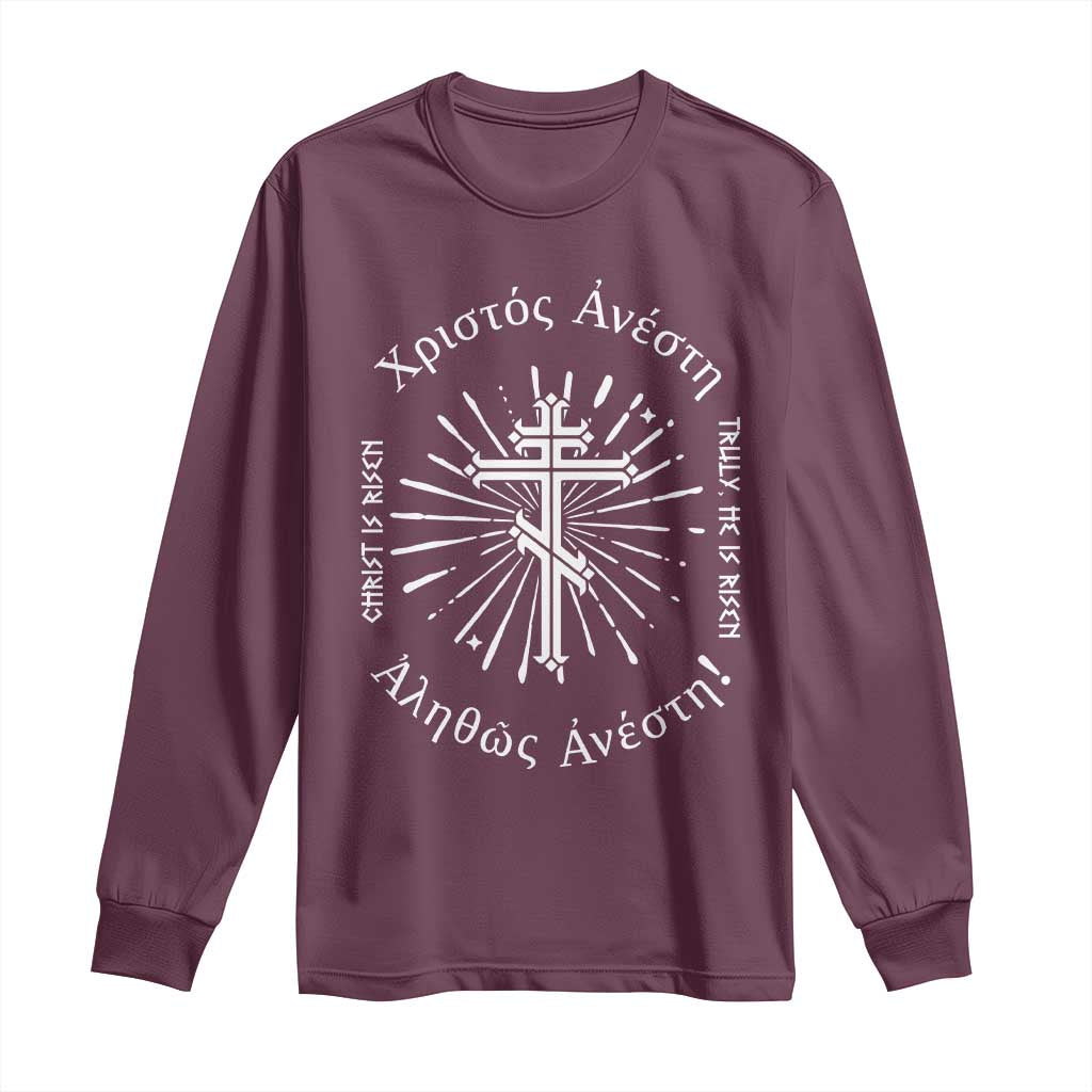 Orthodox Easter Christian Long Sleeve Shirt Christ Is Risen Truly He Is Risen Orthodox Cross TS11 Maroon Print Your Wear