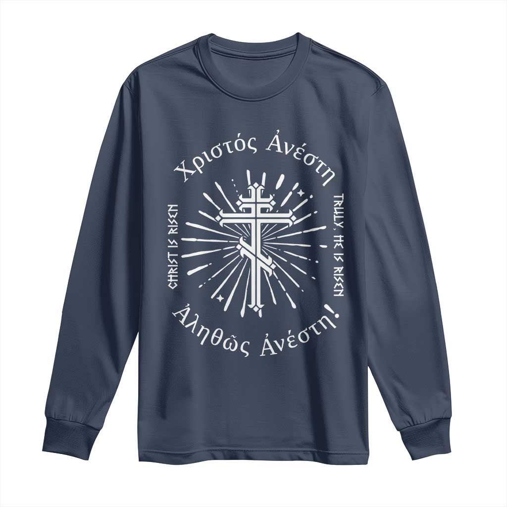 Orthodox Easter Christian Long Sleeve Shirt Christ Is Risen Truly He Is Risen Orthodox Cross TS11 Navy Print Your Wear