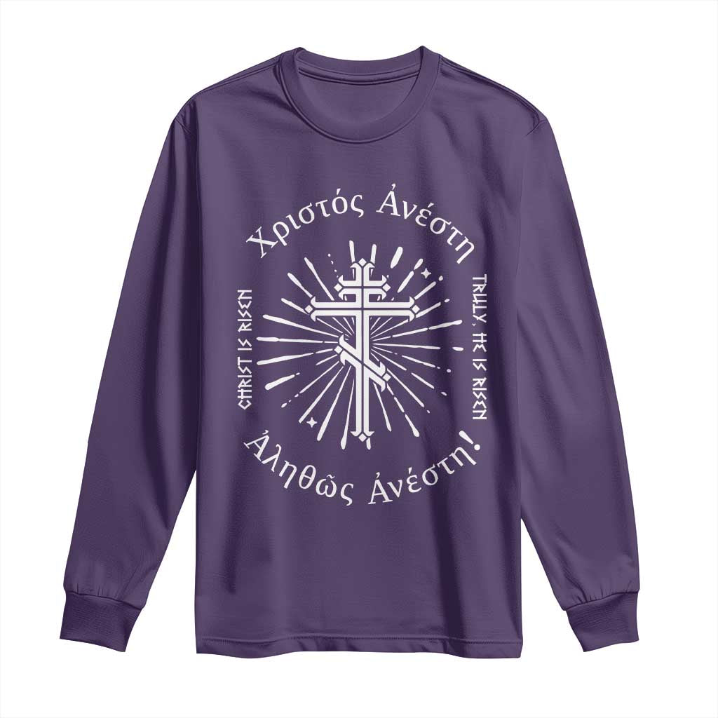 Orthodox Easter Christian Long Sleeve Shirt Christ Is Risen Truly He Is Risen Orthodox Cross TS11 Purple Print Your Wear