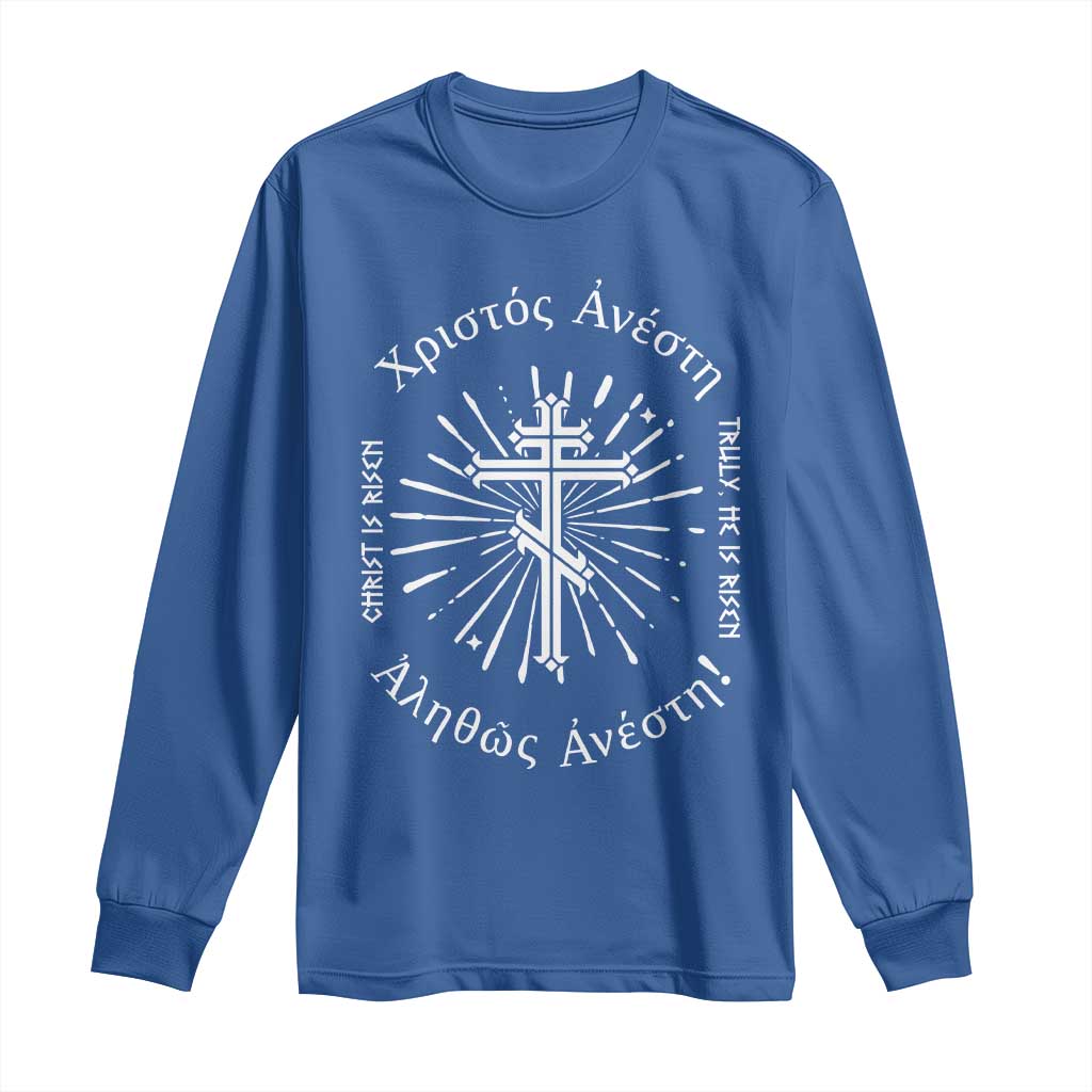 Orthodox Easter Christian Long Sleeve Shirt Christ Is Risen Truly He Is Risen Orthodox Cross TS11 Royal Blue Print Your Wear