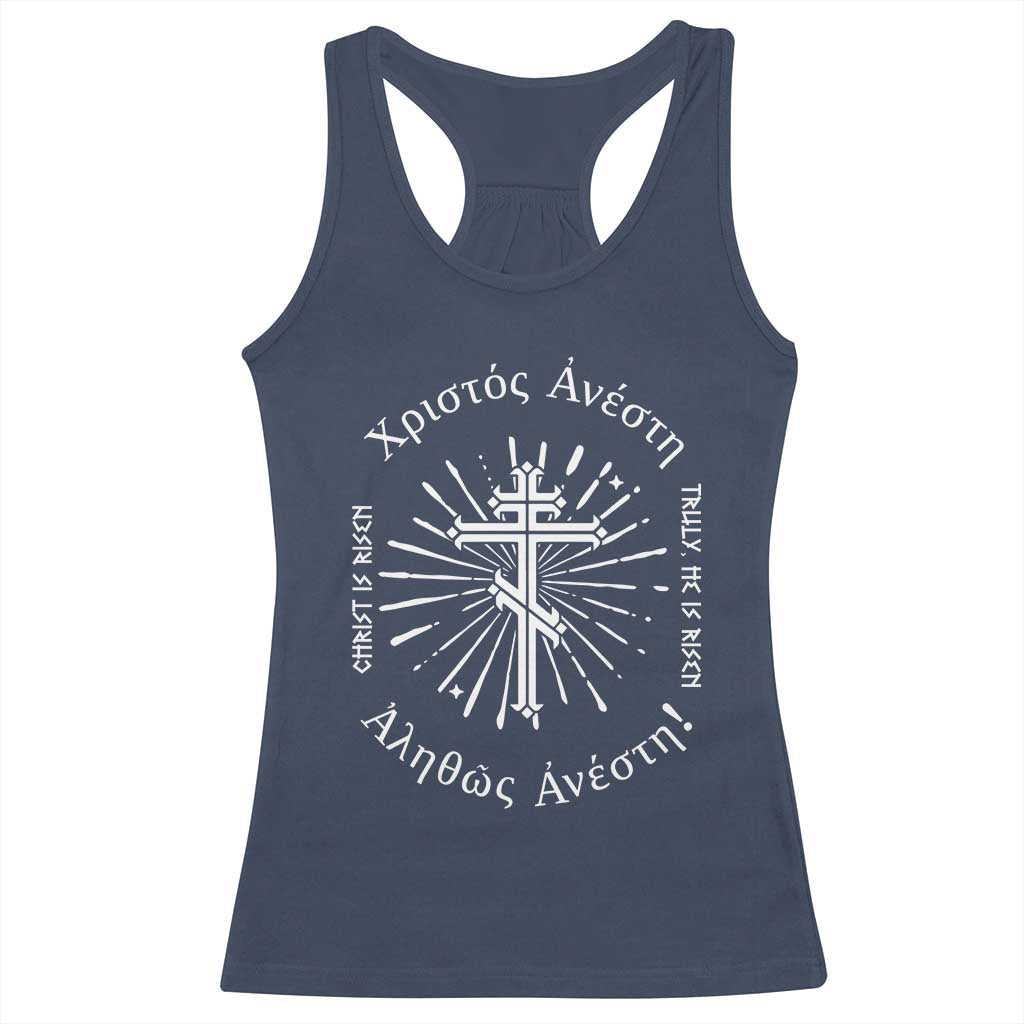 Orthodox Easter Christian Racerback Tank Top Christ Is Risen Truly He Is Risen Orthodox Cross TS11 Navy Print Your Wear