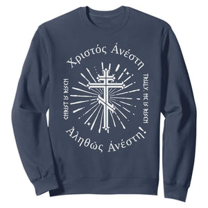 Orthodox Easter Christian Sweatshirt Christ Is Risen Truly He Is Risen Orthodox Cross TS11 Navy Print Your Wear