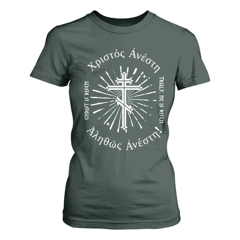 Orthodox Easter Christian T Shirt For Women Christ Is Risen Truly He Is Risen Orthodox Cross TS11 Dark Forest Green Print Your Wear