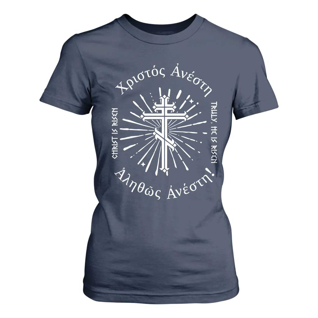 Orthodox Easter Christian T Shirt For Women Christ Is Risen Truly He Is Risen Orthodox Cross TS11 Navy Print Your Wear
