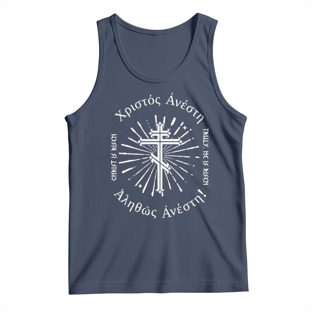Orthodox Easter Christian Tank Top Christ Is Risen Truly He Is Risen Orthodox Cross TS11 Navy Print Your Wear