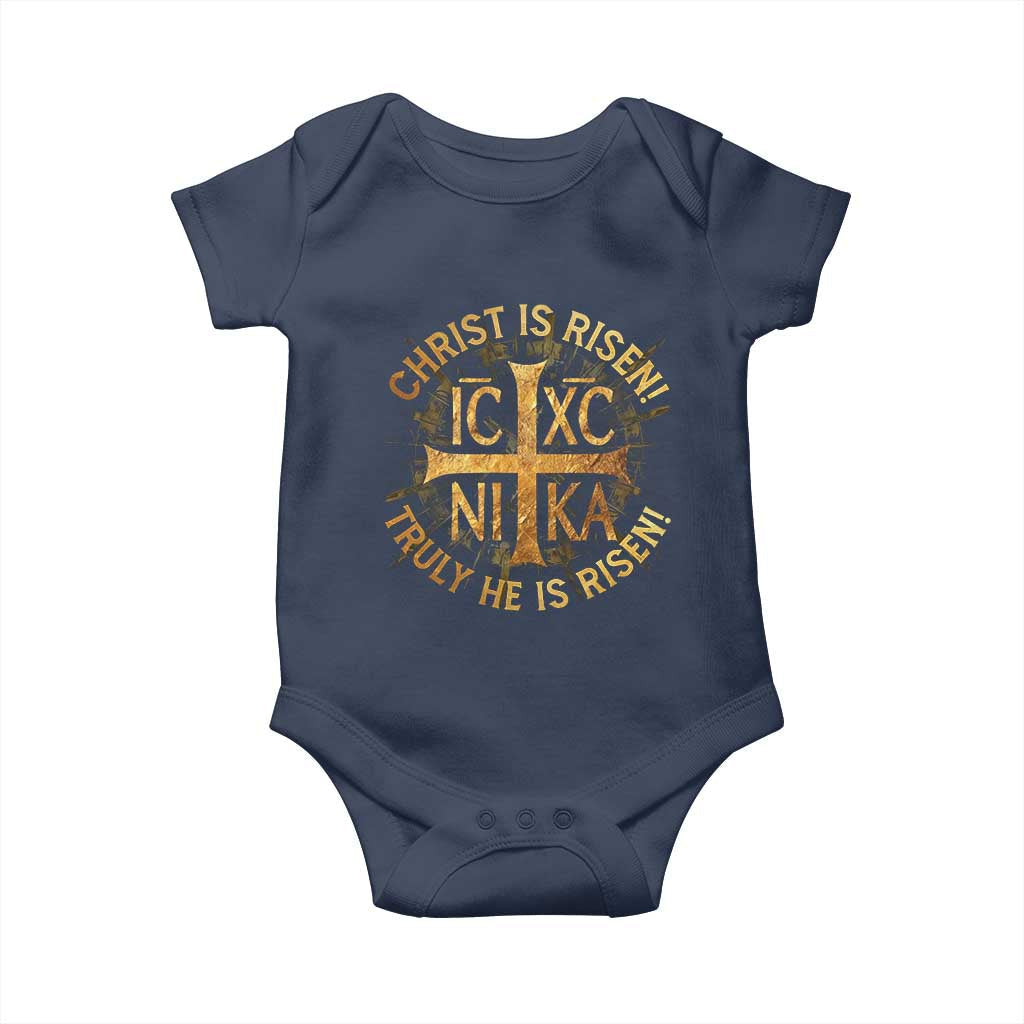 Orthodox Easter Christian Baby Onesie Christ Is Risen He Is Risen Greek NIKA Cross TS11 Navy Print Your Wear