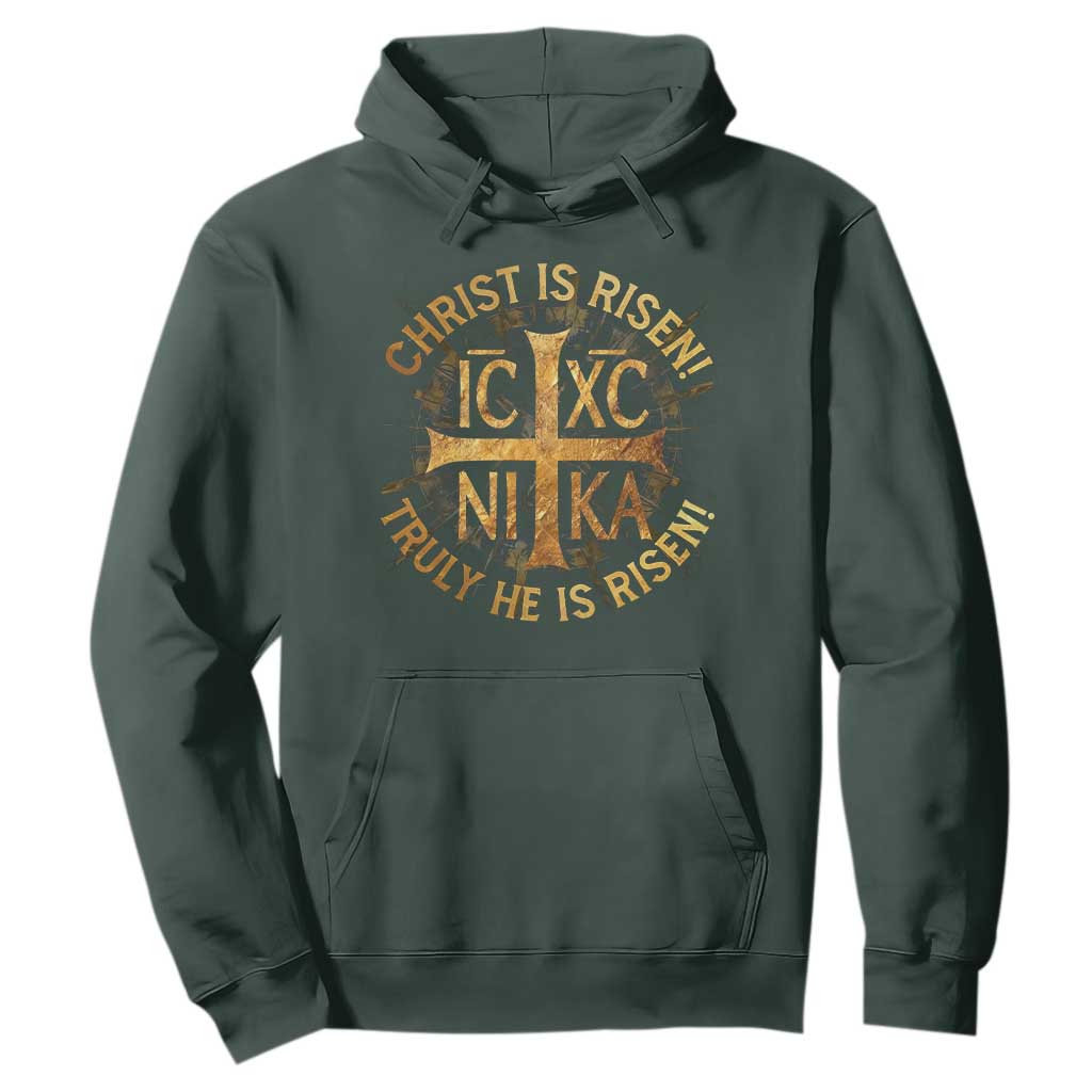 Orthodox Easter Christian Hoodie Christ Is Risen He Is Risen Greek NIKA Cross TS11 Dark Forest Green Print Your Wear