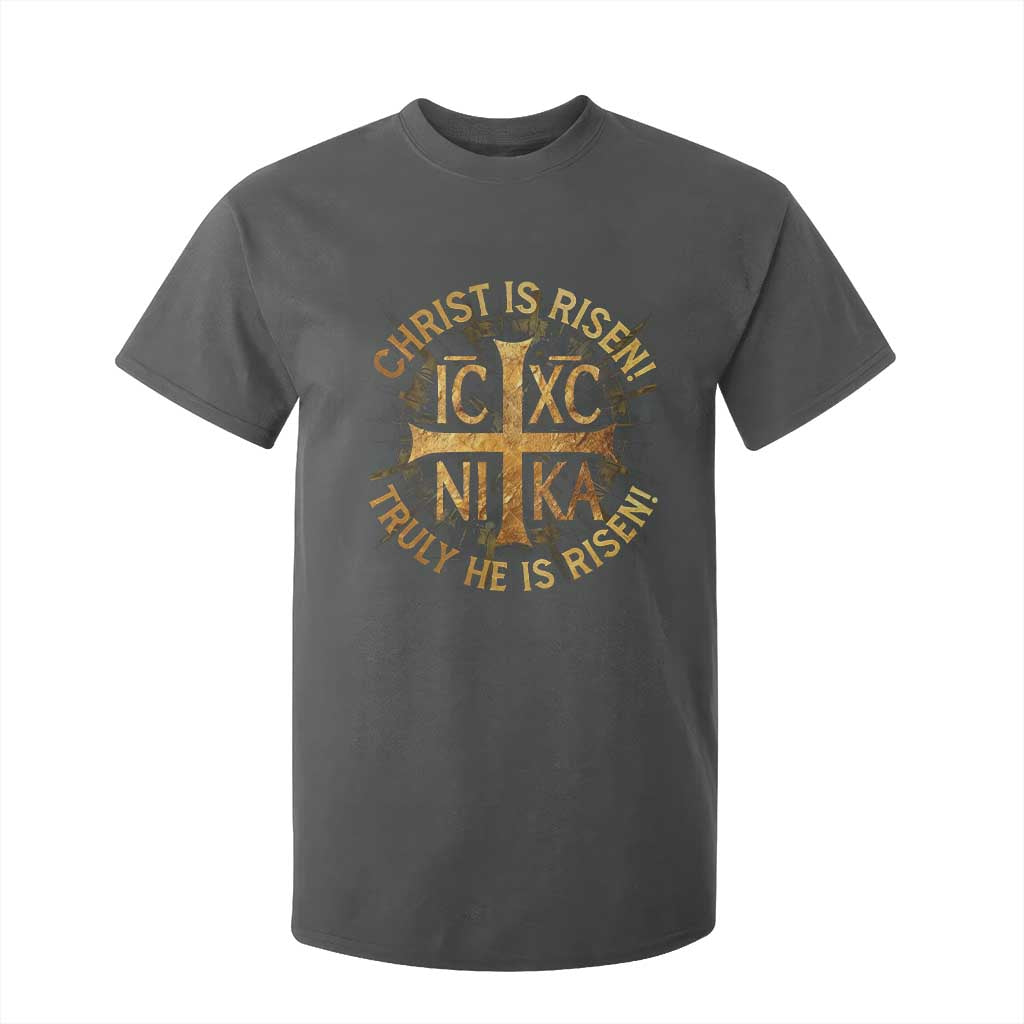 Orthodox Easter Christian T Shirt For Kid Christ Is Risen He Is Risen Greek NIKA Cross TS11 Dark Heather Print Your Wear