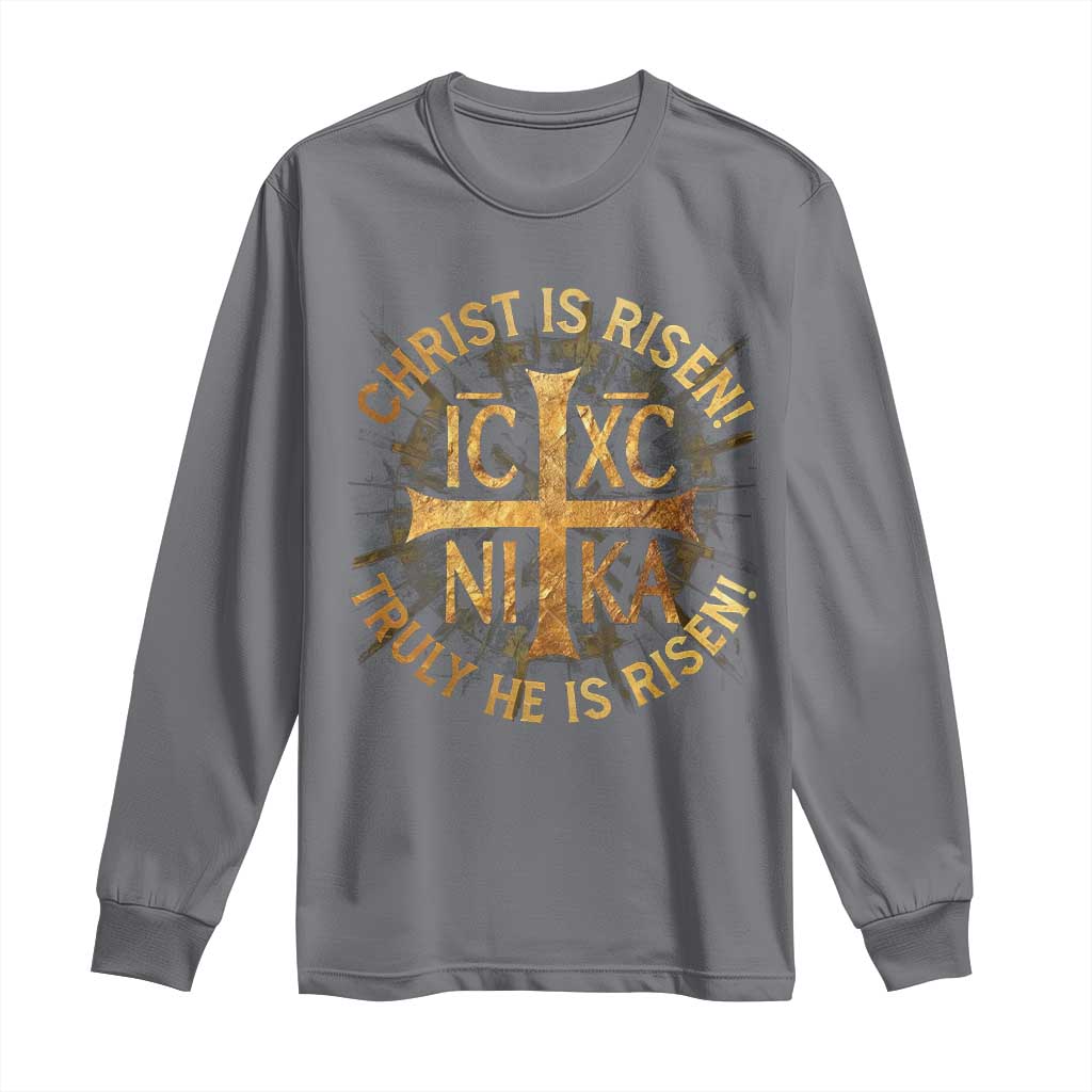 Orthodox Easter Christian Long Sleeve Shirt Christ Is Risen He Is Risen Greek NIKA Cross TS11 Charcoal Print Your Wear