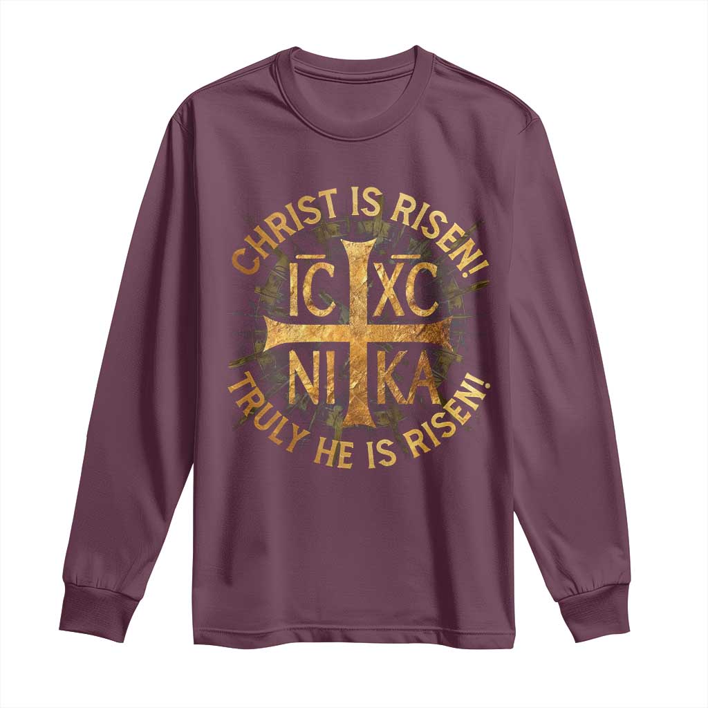 Orthodox Easter Christian Long Sleeve Shirt Christ Is Risen He Is Risen Greek NIKA Cross TS11 Maroon Print Your Wear