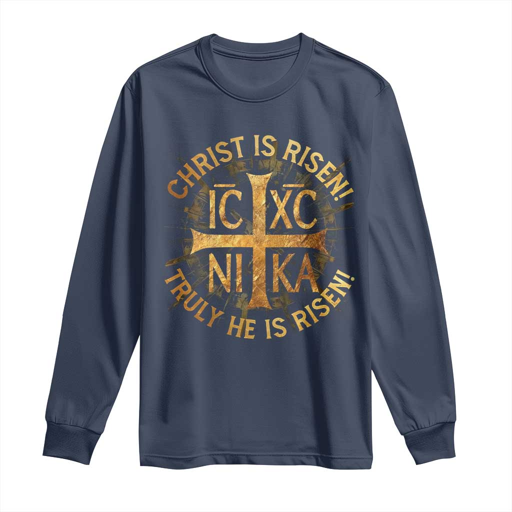 Orthodox Easter Christian Long Sleeve Shirt Christ Is Risen He Is Risen Greek NIKA Cross TS11 Navy Print Your Wear