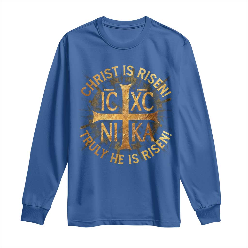 Orthodox Easter Christian Long Sleeve Shirt Christ Is Risen He Is Risen Greek NIKA Cross TS11 Royal Blue Print Your Wear