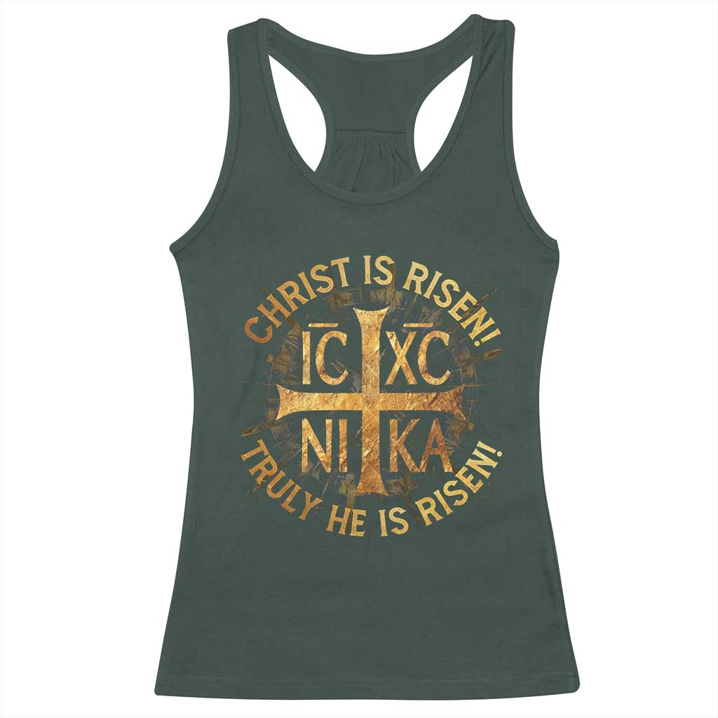 Orthodox Easter Christian Racerback Tank Top Christ Is Risen He Is Risen Greek NIKA Cross TS11 Dark Forest Green Print Your Wear