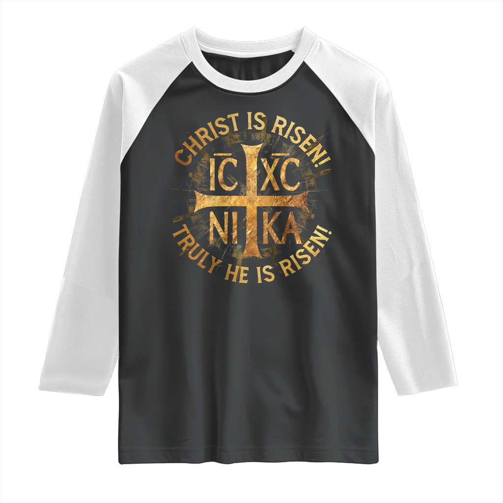 Orthodox Easter Christian Raglan Shirt Christ Is Risen He Is Risen Greek NIKA Cross TS11 Black White Print Your Wear