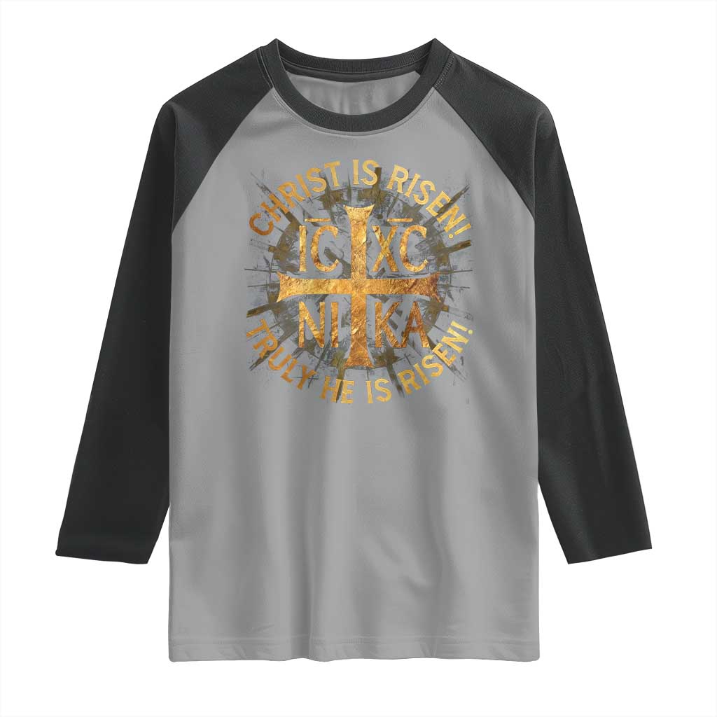 Orthodox Easter Christian Raglan Shirt Christ Is Risen He Is Risen Greek NIKA Cross TS11 Sport Gray Black Print Your Wear