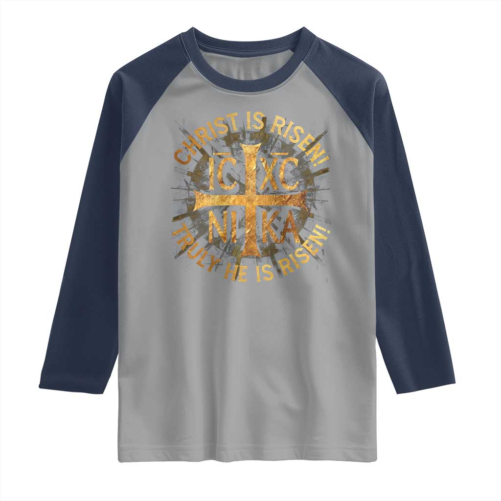 Orthodox Easter Christian Raglan Shirt Christ Is Risen He Is Risen Greek NIKA Cross TS11 Sport Gray Navy Print Your Wear