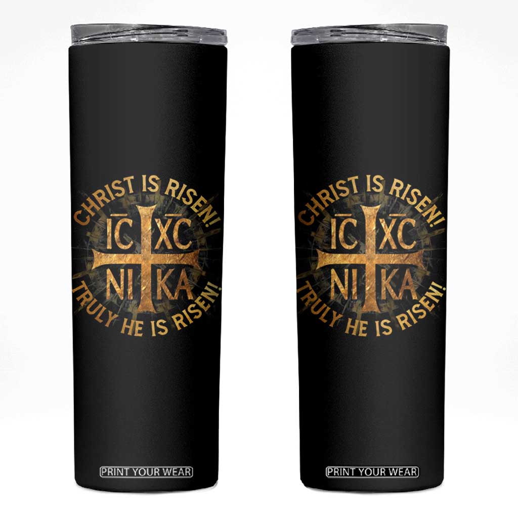 Orthodox Easter Christian Skinny Tumbler Christ Is Risen He Is Risen Greek NIKA Cross TS11 Black Print Your Wear
